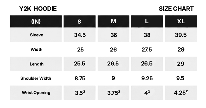 Size chart for Y2K hoodie with measurements in inches.