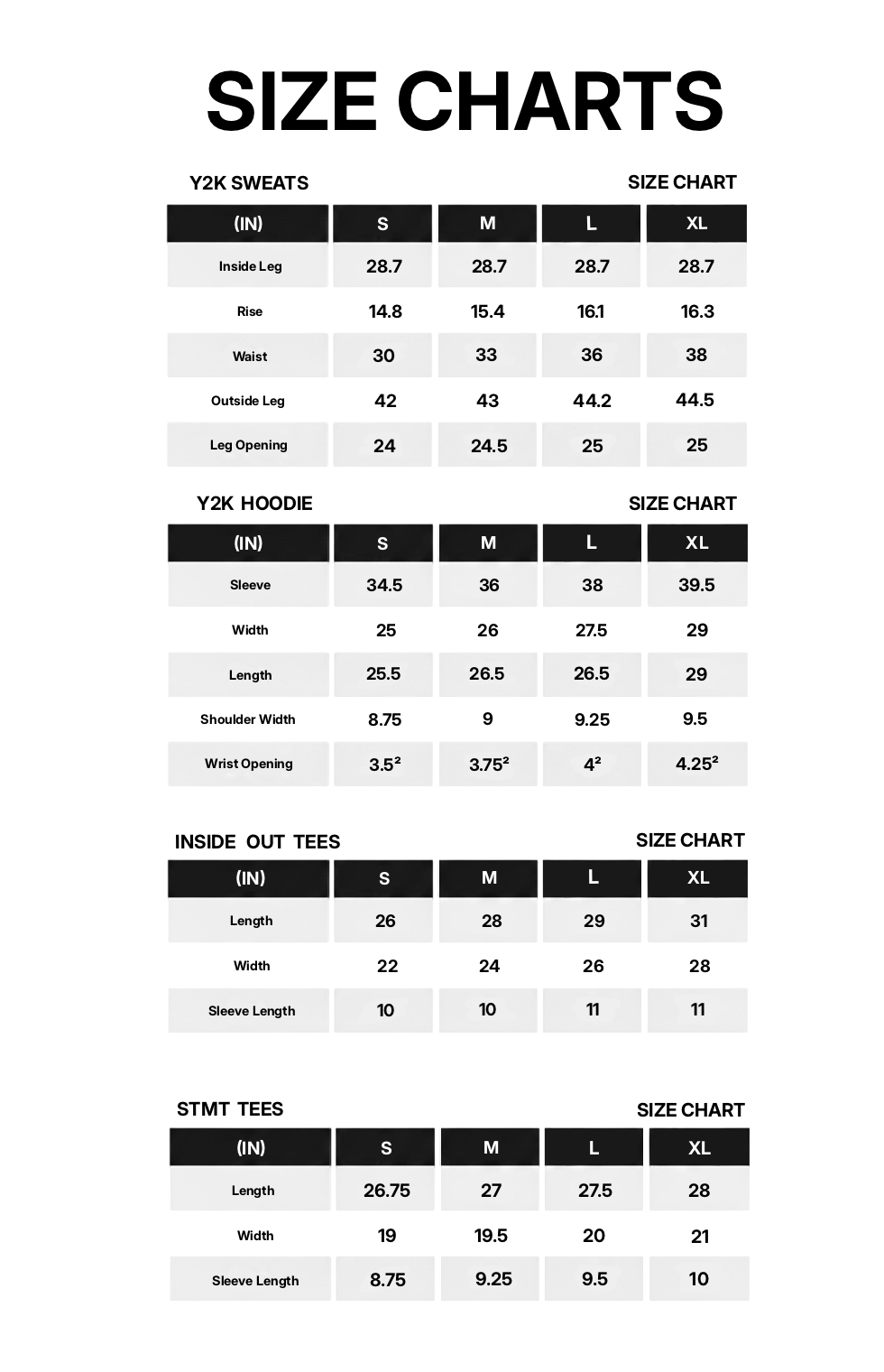 MUST PREVAIL size chart for the 2025 Y2K Black Friday collection, including measurements for the French Terry hoodies, baggy sweatpants, and tees. Measurements are provided in inches for sizes small, medium, large, and extra-large. The diagram includes detailed specifications for chest, waist, length, and drop-shoulder dimensions for a precise, oversized fit.